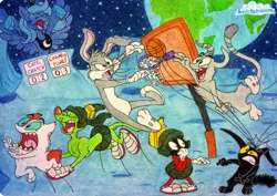 Size: 1414x1000 | Tagged: artist:sonicrainboomz, basketball, bugs bunny, catscratch, crossover, earth, gordon quid, k-9, looney tunes, marvin the martian, moon, mr. blik, princess luna, safe, space jam, traditional art, waffle