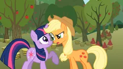 Size: 1365x768 | Tagged: applebuck season, applejack, derpibooru import, duo, long neck, safe, screencap, twilight sparkle