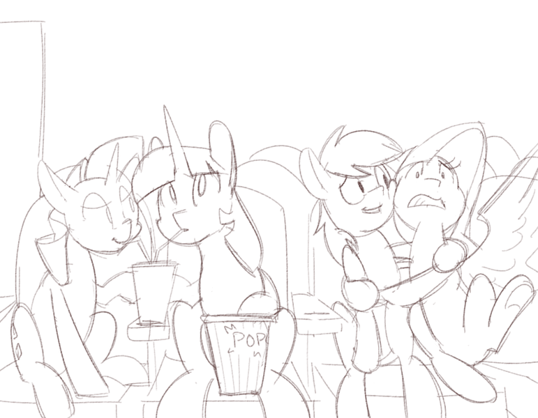 Size: 900x700 | Tagged: safe, artist:goat train, deleted from derpibooru, derpibooru import, fluttershy, rainbow dash, rarity, twilight sparkle, twilight sparkle (alicorn), alicorn, pony, cinema, drink, female, food, lesbian, monochrome, popcorn, rarilight, scared, shipping, sitting, sketch