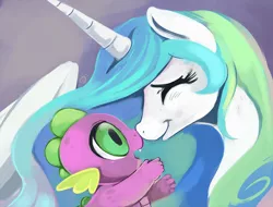 Size: 680x517 | Tagged: safe, artist:ende26, derpibooru import, princess celestia, spike, alicorn, pony, baby spike, boop, cute, ende will be the end of us, eyes closed, fangs, female, male, mare, missing accessory, momlestia, noseboop, open mouth, smiling, spikabetes, spikelove