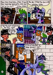 Size: 1356x1908 | Tagged: safe, artist:newyorkx3, derpibooru import, flash sentry, spike, twilight sparkle, twilight sparkle (alicorn), oc, oc:tommy, alicorn, dragon, human, pony, comic:twilight and the big city, ..., adorkable, book, comic, cute, dork, exclamation point, eyes closed, female, frown, gritted teeth, mare, non-mlp oc, open mouth, pulling, pushing, self insert, smiling, tail, tail pull, traditional art, wavy mouth, wide eyes