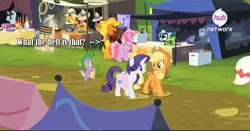 Size: 712x374 | Tagged: safe, derpibooru import, screencap, applejack, flare de mare, ivory, ivory rook, rarity, spike, splash panel, teddie safari, crystal pony, pony, trade ya, booth, comic geek pony, daring do collector, full set, hub logo, meta