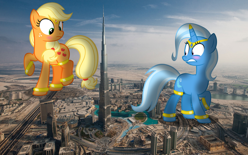 Size: 1920x1200 | Tagged: safe, artist:navitaserussirus, artist:somerandomminion, derpibooru import, applejack, trixie, genie, pony, bracelet, burj khalifa, downtown dubai, dubai, giant pony, giantess, gold, irl, macro, photo, photomanipulation, photoshop, ponies in real life, shipping, staring at flank, the dubai mall, tripplejack, united arab emirates