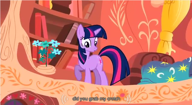 Size: 641x350 | Tagged: derpibooru import, edit, edited screencap, golden oaks library, meme, screencap, solo, suggestive, twilight sparkle, youtube caption