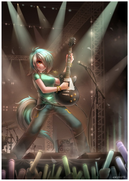 Size: 787x1105 | Tagged: artist:emperpep, clothes, concert, derpibooru import, epic, female, gibson les paul, guitar, hair over one eye, horned humanization, human, humanized, lyra heartstrings, :p, safe, solo, solo focus, tailed humanization