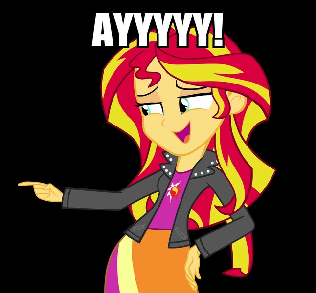 Size: 1712x1591 | Tagged: safe, artist:destinyshirshuxd, artist:neutron-quasar, derpibooru import, edit, sunset shimmer, equestria girls, black background, female, fonzie, happy days, image macro, meme, simple background, solo