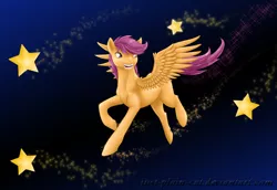 Size: 906x624 | Tagged: safe, artist:just-plain-cat, derpibooru import, scootaloo, happy, older, scootaloo can fly, solo, space, stars