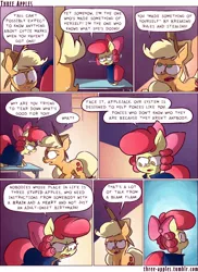 Size: 944x1294 | Tagged: safe, artist:capnpea, artist:kefkafloyd, derpibooru import, apple bloom, applejack, earth pony, pony, comic:three apples, argument, comic, duo, duo female, eye contact, female, filly, looking at each other, mare, no pupils