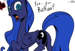 Size: 1280x865 | Tagged: safe, artist:cs, artist:venezolanbrony, derpibooru import, edit, princess luna, alicorn, pony, female, frown, heart, insult, looking at you, looking back, mare, moonbutt, open mouth, plot, raised hoof, raised leg, ruffian, shocked, simple background, solo, talking, tongue out, transparent background, wide eyes