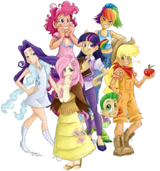 Size: 717x767 | Tagged: apple, applejack, artist:envyskort, artist:tite-pao, bandana, belly button, book, boots, clothes, colored, derpibooru import, dress, fluttershy, food, hairpin, high heels, human, humanized, long skirt, mane seven, mane six, midriff, overalls, pinkie pie, rainbow dash, rarity, safe, sandals, scarf, shoes, simple background, skirt, spike, sweater, sweatershy, sweatpants, tanktop, transparent background, twilight sparkle