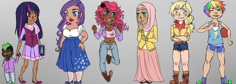 Size: 1280x456 | Tagged: applejack, artist:opalspine, clothes, dark skin, derpibooru import, diversity, fluttershy, gray background, hijab, human, humanized, islam, islamashy, long skirt, mane seven, mane six, pinkie pie, rainbow dash, rarity, safe, shoes, simple background, skirt, spike, sweater, sweatershy, twilight sparkle, why meph why