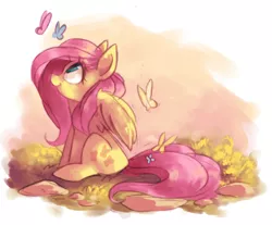 Size: 1280x1058 | Tagged: safe, artist:askpopcorn, derpibooru import, fluttershy, butterfly, pegasus, pony, cute, female, looking at something, looking up, mare, observer, profile, shyabetes, sitting, smiling, solo, wings