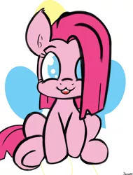 Size: 2200x2900 | Tagged: safe, artist:ramott, derpibooru import, pinkie pie, :3, bucktooth, cute, cuteamena, hair over one eye, looking at you, open mouth, pinkamena diane pie, sitting, sketchy, smiling, solo, straight hair, underhoof