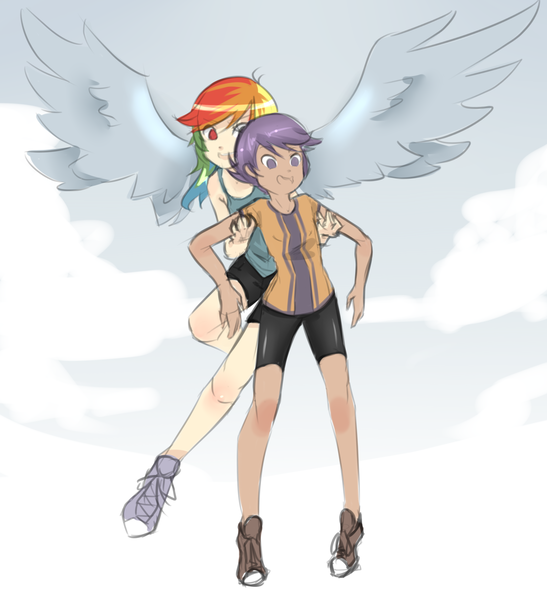 Size: 1713x1878 | Tagged: artist:inkintime, carrying, clothes, converse, derpibooru import, flying, human, humanized, rainbow dash, safe, scootaloo, shoes, winged humanization