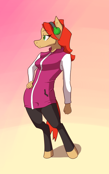 Size: 625x1000 | Tagged: anthro, artist:pashoo, derpibooru import, female, headphones, oc, safe, solo, spinner, unguligrade anthro, unofficial characters only