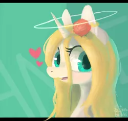 Size: 1226x1164 | Tagged: dead source, safe, artist:berrydrops, derpibooru import, oc, oc:angel, unofficial characters only, pony, unicorn, art trade, cute, female, flower, flower in hair, halo, heart, mare, solo
