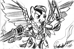 Size: 891x590 | Tagged: safe, artist:wingbeatpony, derpibooru import, rainbow dash, ponified, eldar, pegasus, pony, armor, bipedal, crossover, female, monochrome, signature, simple background, solo, swooping hawk, sword, traditional art, warhammer (game), warhammer 40k, white background