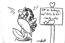 Size: 891x590 | Tagged: artist:wingbeatpony, audrey 2, carnivorous plant, derpibooru import, fetish, monochrome, oc, oc:candy swirl, plant vore, scam, semi-grimdark, unofficial characters only, venus flytrap, vore