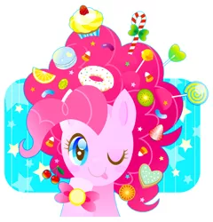 Size: 625x650 | Tagged: accessories, alternate hairstyle, artist:fuyuse leka, candy, derpibooru import, food, macaron, mane candy, messy, pinkie pie, pixiv, safe, solo