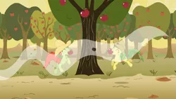 Size: 1365x768 | Tagged: safe, derpibooru import, screencap, apple fritter, peachy sweet, earth pony, pony, over a barrel, apple, apple family member, apple orchard, apple tree, background pony, bow, cowboy hat, duo, eyes closed, female, hair bow, happy, hat, jumping, mare, mouth hold, tail bow, tree
