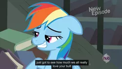 Size: 1920x1080 | Tagged: safe, derpibooru import, edit, screencap, daring do, rainbow dash, pony, daring don't, book, daringdash, female, hub logo, hubble, lesbian, mare, meme, plot, shipping, solo, text, the hub, youtube caption