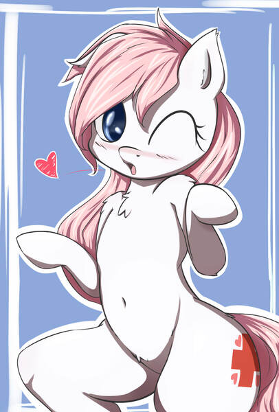 Size: 1001x1480 | Tagged: safe, artist:aryanne, derpibooru import, edit, nurse redheart, oc, unofficial characters only, earth pony, pony, semi-anthro, adoredheart, belly button, blushing, chest fluff, cute, ear fluff, female, giggling, heart, heartabetes, hips, kissing, loose hair, mare, oh you, one eye closed, open mouth, solo, wink