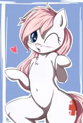 Size: 1001x1480 | Tagged: safe, artist:aryanne, derpibooru import, edit, nurse redheart, oc, unofficial characters only, earth pony, pony, semi-anthro, adoredheart, belly button, blushing, chest fluff, cute, ear fluff, female, giggling, heart, heartabetes, hips, kissing, loose hair, mare, oh you, one eye closed, open mouth, solo, wink