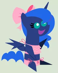 Size: 1024x1296 | Tagged: artist:evilfrenzy, bra, clothes, crop top bra, derpibooru import, panties, pink underwear, pointy ponies, princess luna, ribbon, safe, simple background, sitting, solo, underwear