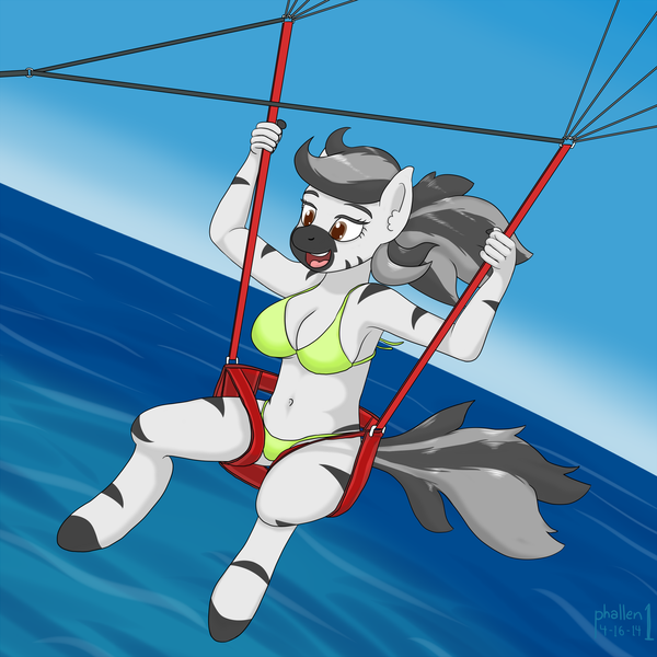 Size: 2000x2000 | Tagged: anthro, anthro oc, armpits, artist:phallen1, belly button, bikini, cleavage, clothes, derpibooru import, female, flying, oc, ocean, oc:kinky beer, parachute, parasailing, safe, solo, swimsuit, unofficial characters only, zebra