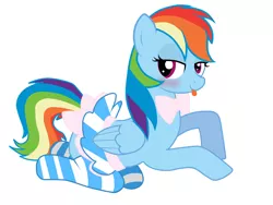 Size: 2000x1500 | Tagged: suggestive, artist:stockingstreams, derpibooru import, rainbow dash, bedroom eyes, blushing, bowtie, clothes, female, incorrect leg anatomy, rainbow dash always dresses in style, simple background, socks, solo, solo female, striped socks, tongue out, vector, white background