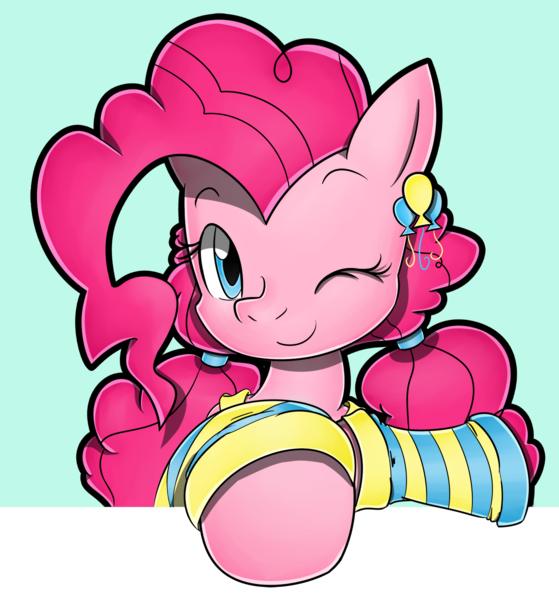 Size: 1500x1609 | Tagged: alternate hairstyle, artist:flam3zero, clothes, cute, derpibooru import, diapinkes, ear piercing, earring, jewelry, piercing, pigtails, pinkie pie, safe, smiling, solo, style emulation, wink, yuji uekawa style