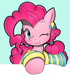 Size: 1500x1609 | Tagged: alternate hairstyle, artist:flam3zero, clothes, cute, derpibooru import, diapinkes, ear piercing, earring, jewelry, piercing, pigtails, pinkie pie, safe, smiling, solo, style emulation, wink, yuji uekawa style