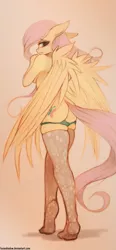 Size: 615x1322 | Tagged: anthro, artist:foxinshadow, ass, blushing, breasts, butt, clothes, derpibooru import, embarrassed, eyeshadow, female, floppy ears, flutterbutt, fluttershy, green underwear, gritted teeth, lidded eyes, looking at you, looking back, makeup, mare, panties, panties pulled down, panty pull, partial nudity, pegasus, sideboob, simple background, socks, solo, solo female, spread wings, stockings, suggestive, thigh highs, topless, underwear, wing fluff, wings, yellow background