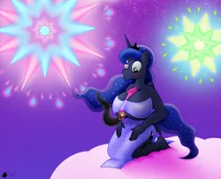 Size: 6488x5235 | Tagged: absurd resolution, anthro, artist:gunpowdergreentea, between breasts, big breasts, breasts, busty princess luna, derpibooru import, explosion imminent, female, fireworks, huge breasts, imminent explosion, oh crap, plantigrade anthro, princess luna, solo, solo female, suggestive, this will end in tears and/or death, this will not end well, too dumb to live