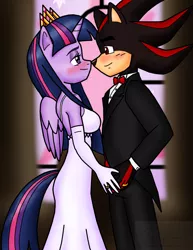 Size: 1268x1645 | Tagged: abomination, anthro, artist:sonigoku, background pony strikes again, clothes, crossover, crossover shipping, crown, derpibooru import, dress, evening gloves, evil, female, loving gaze, male, marriage, new crown, nope, ring, safe, shadow, shadow the hedgehog, shadtwi, sonic the hedgehog (series), straight, tuxedo, twilight sparkle, twilight sparkle (alicorn), wat, wedding, wedding dress
