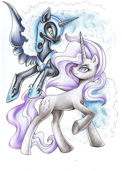 Size: 1654x2307 | Tagged: antagonist, artist:ailish, artist:pingwinowa, dance of the nightmares, duality, nightmare grayity, nightmare moon, nightmare rarity, safe, self ponidox, spoiler:comic, time paradox, traditional art
