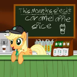 Size: 3000x3000 | Tagged: safe, artist:jackofmosttrades, derpibooru import, applejack, barista, clothes, cute, fast food, open mouth, parody, shop, solo, starbucks, that pony sure does love apples, working