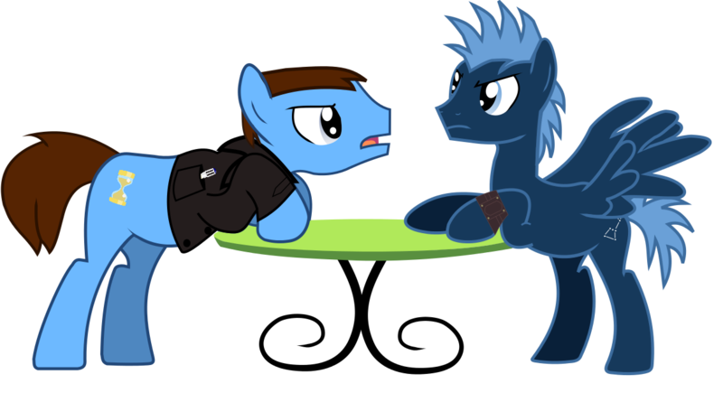 Size: 1211x659 | Tagged: safe, artist:fimbulvinter, derpibooru import, doctor whooves, star hunter, time turner, ponified, earth pony, pegasus, pony, argument, background pony, duo, jack harkness, male, ninth doctor, simple background, sonic screwdriver, stallion, table, torchwood, torchwood: equestria, transparent background, vector
