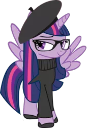 Size: 835x1204 | Tagged: safe, artist:kanrabat, derpibooru import, twilight sparkle, twilight sparkle (alicorn), alicorn, pony, bedroom eyes, beret, clothes, female, glasses, hipster, mare, shoes, simple background, solo, sweater, transparent background, turtleneck, vector