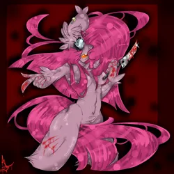 Size: 1024x1024 | Tagged: anthro, artist:randomchick144, blood, breasts, dead source, derpibooru import, female, fluffy, knife, nudity, piercing, pinkamena diane pie, pinkie pie, semi-grimdark, solo, solo female, strategically covered, suggestive