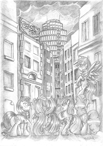 Size: 3507x4960 | Tagged: applejack, artist:piterq12, city, crisis equestria, derpibooru import, drawing, fluttershy, mane six, monochrome, pandemonium, pinkie pie, rainbow dash, rarity, safe, sketch, traditional art, twilight sparkle