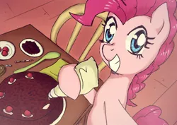 Size: 564x400 | Tagged: dead source, safe, artist:239asd, derpibooru import, pinkie pie, pony, black forest cake, cake, cooking, cute, diapinkes, looking at you, selfie, smiling, solo