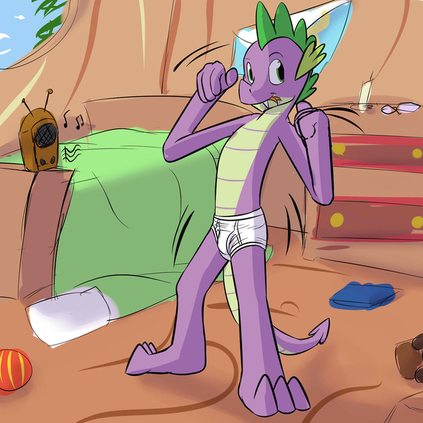 Size: 1280x1280 | Tagged: questionable, artist:fuzebox, derpibooru import, spike, dragon, semi-anthro, :p, bed, briefs, cathedral radio, clothes, crotch bulge, dancing, dragons in briefs, dresser, library, male, radio, silly, solo, solo male, spikey-whities, teenage spike, teenaged dragon, teenager, tighty whities, tongue out, topless, underwear