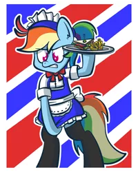 Size: 2304x2880 | Tagged: safe, artist:dahhez, derpibooru import, rainbow dash, pony, semi-anthro, abstract background, alternate hairstyle, bipedal, bowtie, clothes, female, food, hiding, maid, ponytail, rainbow dash always dresses in style, sandwich, simple background, skirt, socks, solo, waitress, wingless