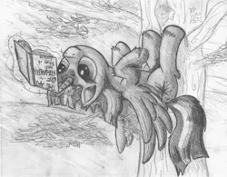 Size: 2824x2208 | Tagged: safe, artist:niegelvonwolf, derpibooru import, twilight sparkle, twilight sparkle (alicorn), alicorn, pony, book, female, magic, mare, monochrome, reading, solo, traditional art, tree