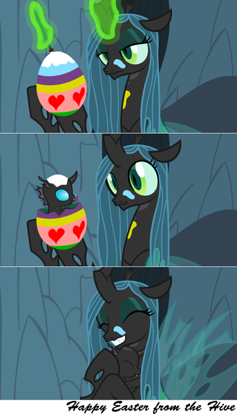Size: 2560x4482 | Tagged: artist:astringe, changeling, cute, cutealis, cuteling, derpibooru import, easter, easter egg, egg, eyes closed, grin, hug, mommy chrissy, nymph, painting, queen chrysalis, safe, scrunchy face, smiling, surprised, wide eyes