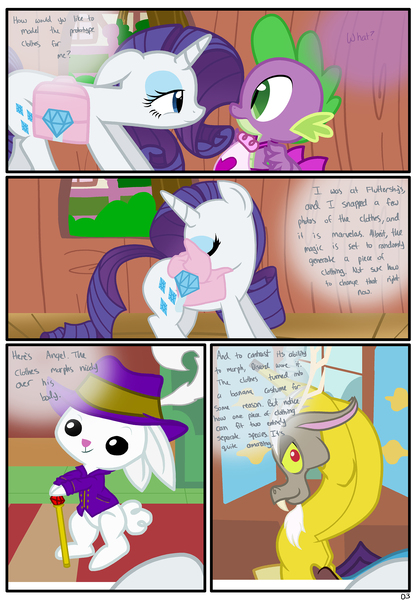 Size: 1741x2500 | Tagged: safe, artist:pyruvate, derpibooru import, angel bunny, discord, rarity, spike, dragon, pony, rabbit, unicorn, comic:dragon queen, apron, bag, banana, banana suit, cane, clothes, comic, food, hat, naked apron, saddle bag