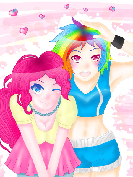 Size: 768x1024 | Tagged: safe, artist:kkbatoretto, derpibooru import, pinkie pie, rainbow dash, human, belly button, cleavage, clothes, female, humanized, lesbian, midriff, pinkiedash, shipping, skirt, sports bra