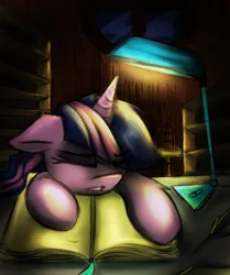 Size: 834x1000 | Tagged: safe, artist:kairaanix, derpibooru import, twilight sparkle, pony, unicorn, fanfic, fanfic:stardust, book, desk, desk lamp, fanfic art, fanfic cover, lamp, sleeping, solo