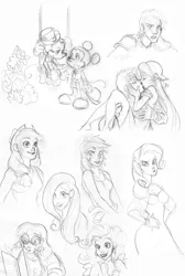 Size: 1285x1916 | Tagged: applejack, artist:tell-me-lies, book, derpibooru import, fluttershy, glasses, human, humanized, mane six, mickey mouse, monochrome, pinkie pie, rainbow dash, rarity, reading, safe, sketch dump, traditional art, twilight sparkle, wand